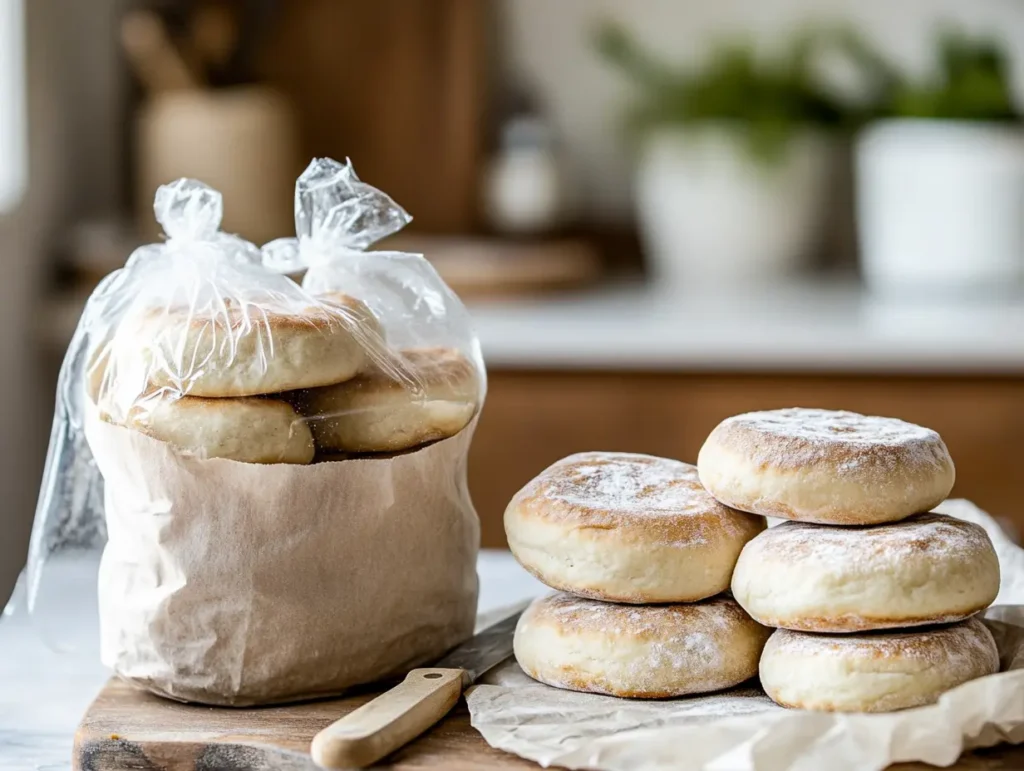 Neatly stacked English muffins in a clear resealable bag, ready for storage or freezing.