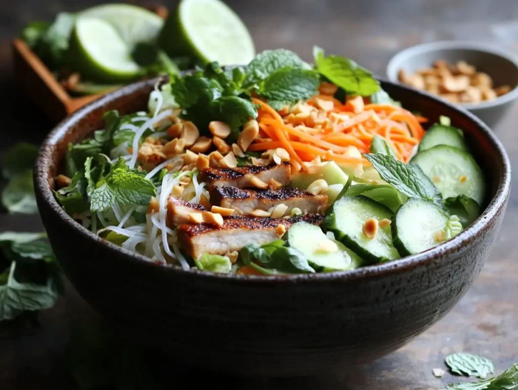 A vibrant bowl of Vietnamese Vermicelli Noodle Salad with grilled pork, fresh herbs, and vegetables, topped with crushed peanuts and tangy nước chấm dressing, served in a rustic ceramic bowl