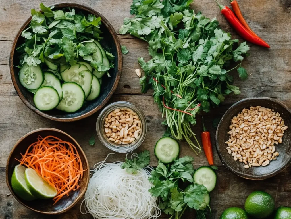 Fresh ingredients for Vietnamese Vermicelli Noodle Salad, including rice noodles, herbs, vegetables, and nước chấm sauce.