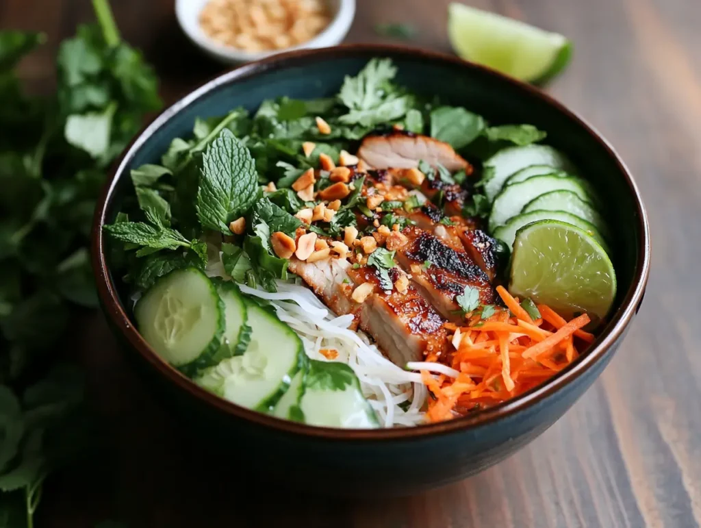 A colorful bowl of Vietnamese Vermicelli Noodle Salad with grilled pork, fresh herbs, and tangy nước chấm dressing