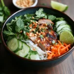 A colorful bowl of Vietnamese Vermicelli Noodle Salad with grilled pork, fresh herbs, and tangy nước chấm dressing