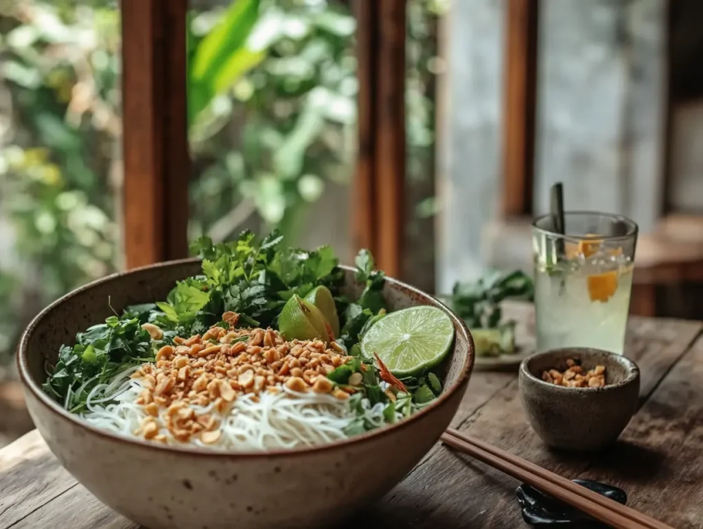 A beautifully served Vietnamese Vermicelli Noodle Salad with crushed peanuts, fried shallots, and lime wedges