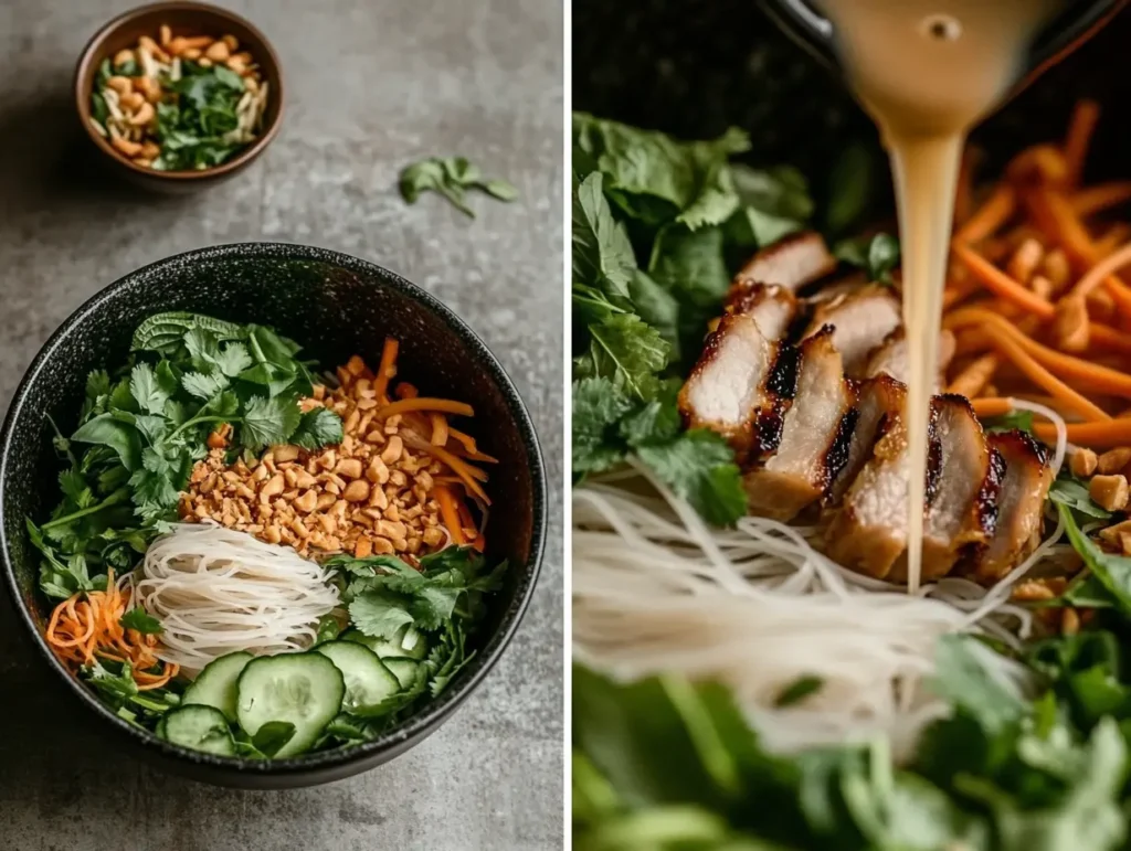 Step-by-step preparation of Vietnamese Vermicelli Noodle Salad, from cooking noodles to assembling the dish