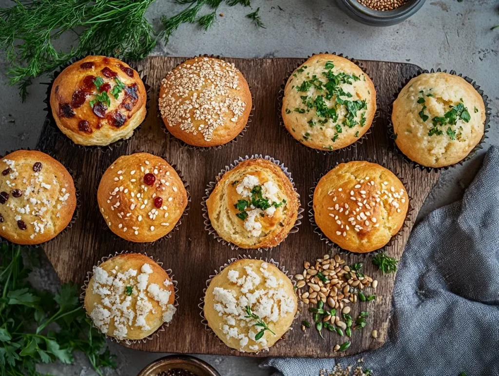 Whole grain and gluten-free English muffins with visible textures of seeds and grains, arranged on a rustic background.